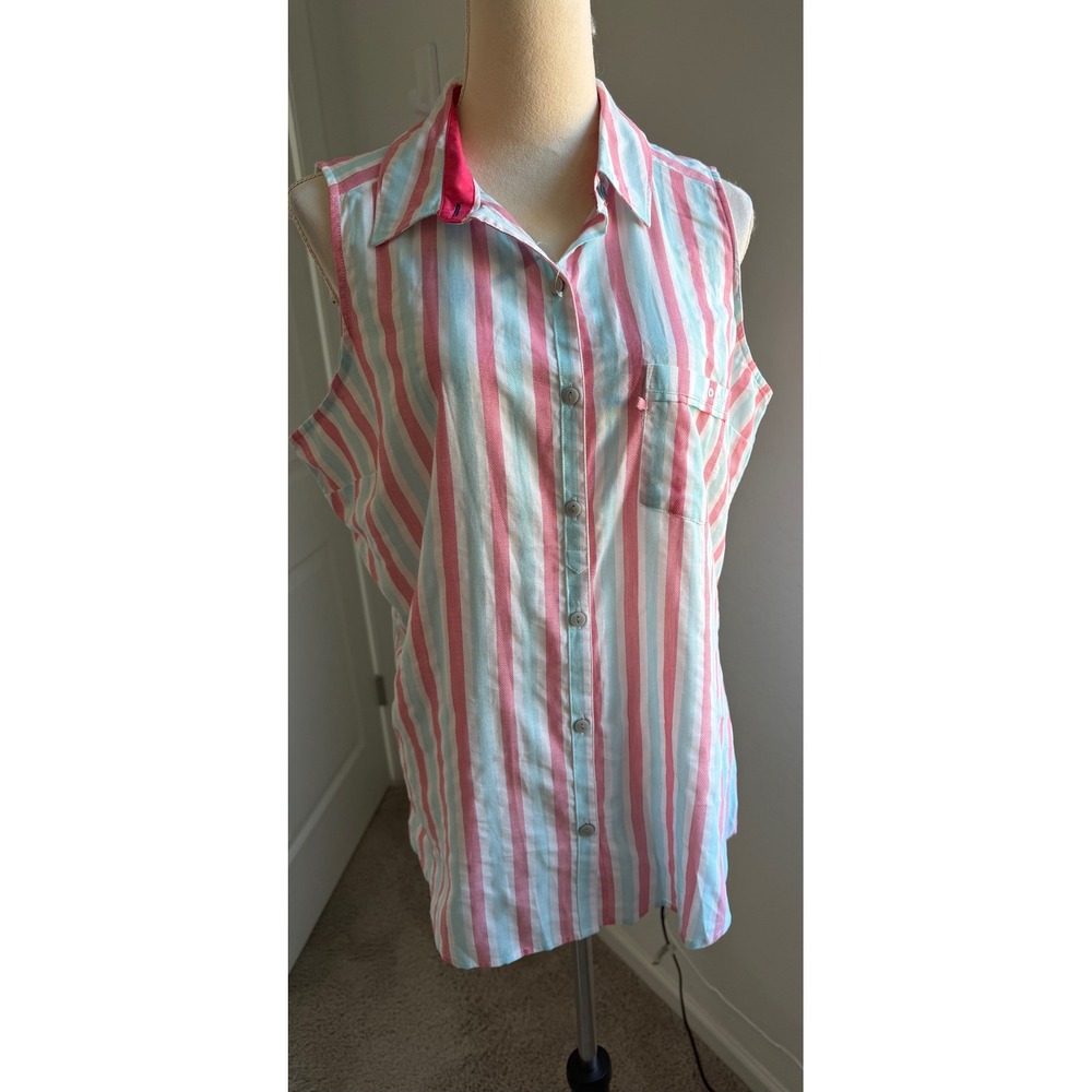 Columbia Pink Blue Stripe NWT Sleeveless Button Down Fishing PFG Shirt XL